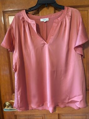 Umgee Dusty Rose Satin V-Neck Flutter Sleeve Blouse